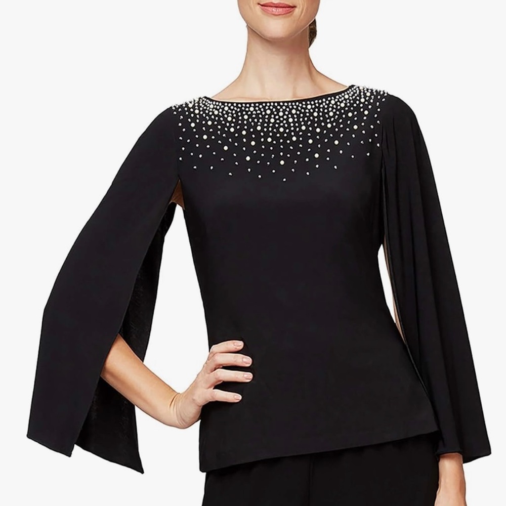 Alex Evenings Beading Detail split sleeve with Straight Leg top n Dress Pant